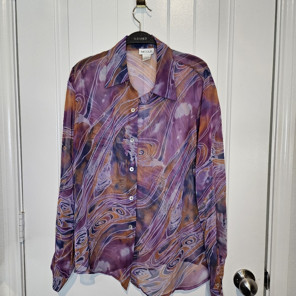 Nicola Marble Print Sheer Blouse, L, Long Sleeve Button-Down Top